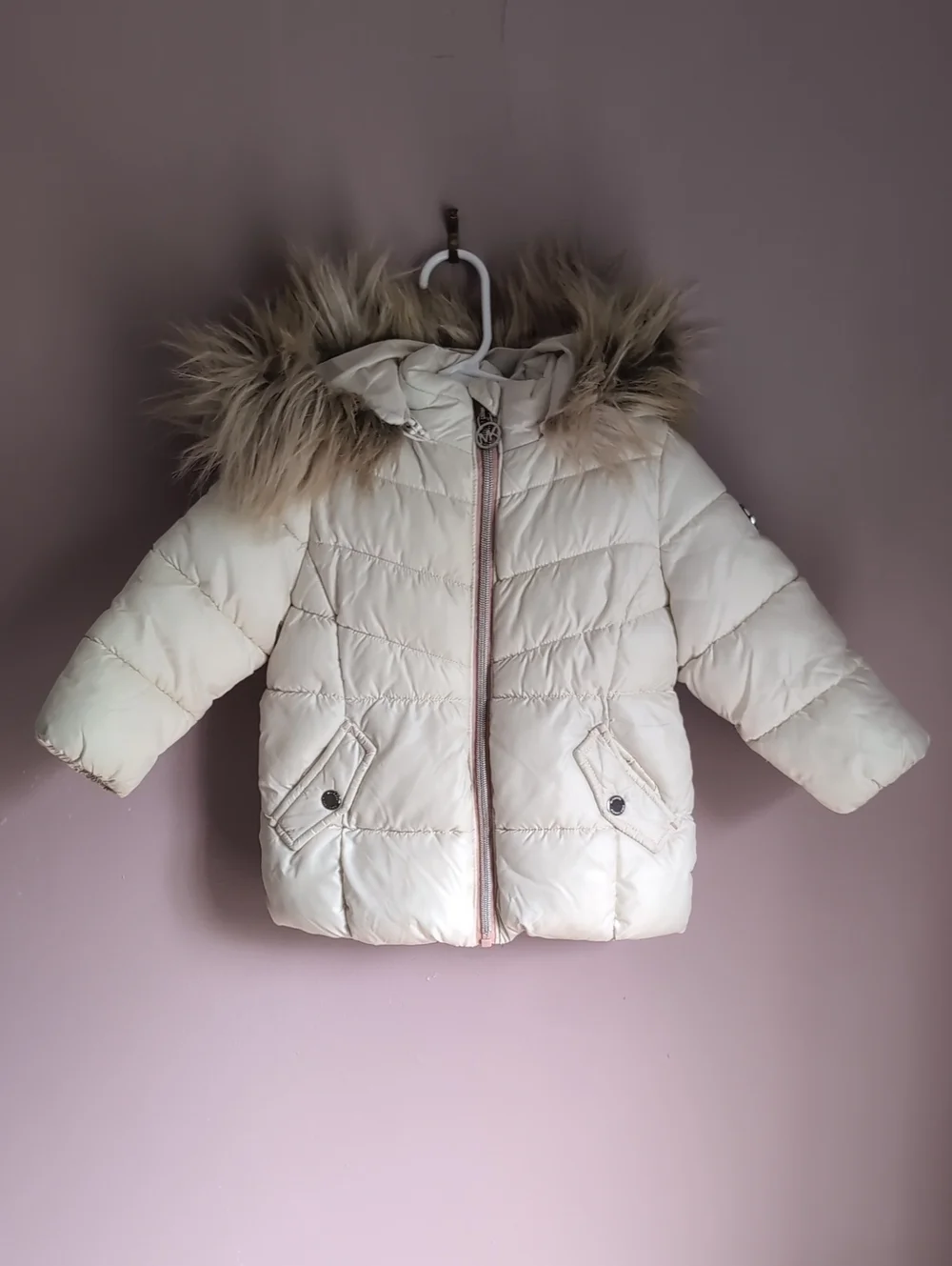 Kids Michael Kors Cream Puffer Jacket with Faux Fur Hood